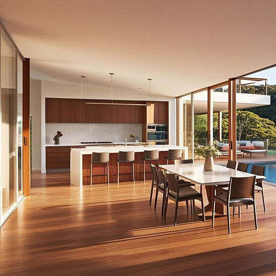 beautiful modern home in currumbin valley, view of kitchen and dining out to pool and land