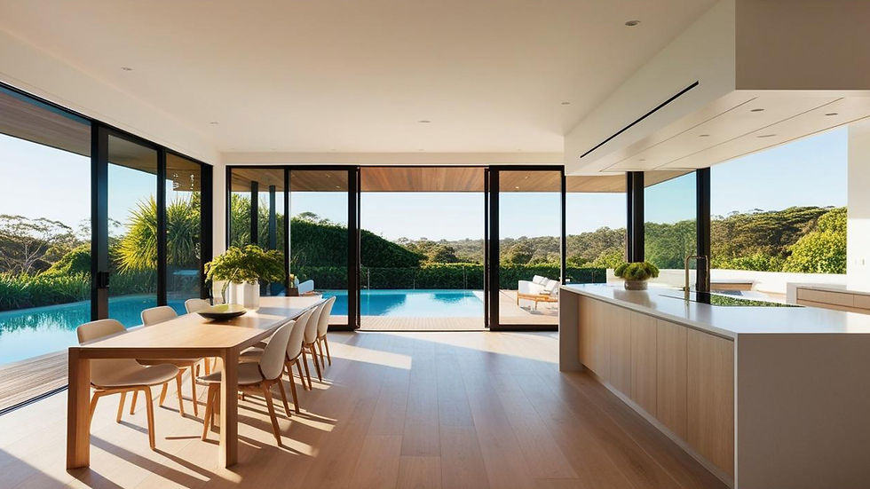 beautiful modern home in currumbin valley, view of kitchen and dining out to pool and land