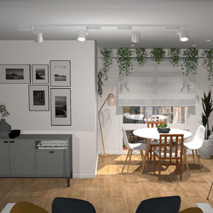 Vista de uma mesa de jantar perto de uma janela com plantas numa prateleira acima