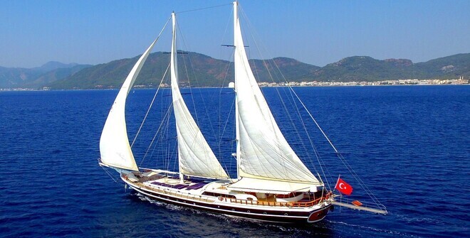Croisière en Méditerranée Voilier avec ses voiles blanches au milieu du bleu de la mer