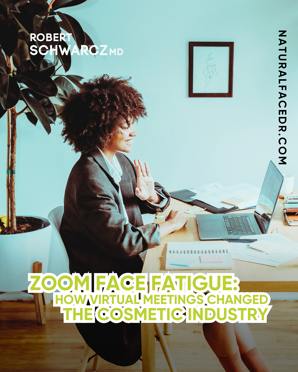 Woman in a blazer waves at a laptop on a wooden desk. Background features a potted plant and framed art. Scene is bright and cheerful. Text overlay reads “Zoom Face Fatigue: How Virtual Meetings Changed the Cosmetic Industry”