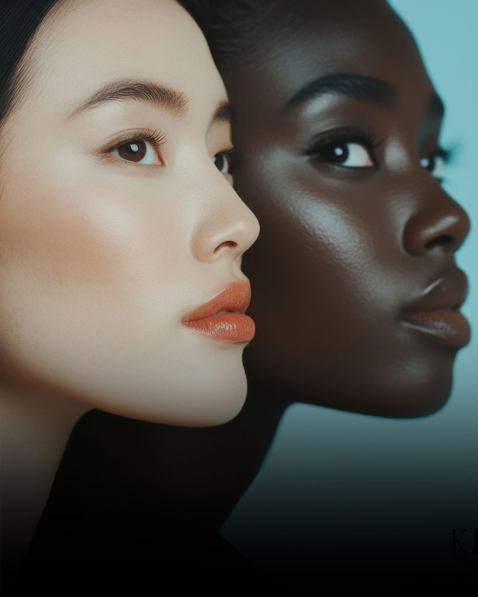 Two women in profile, one with fair skin, the other with dark skin, against a blue background. Emphasis on skin texture and lips.