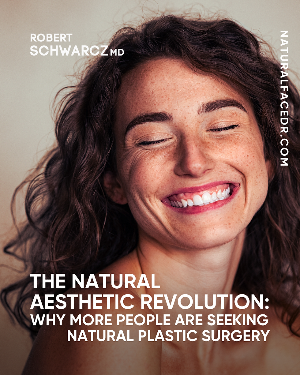 Smiling woman with curly hair and closed eyes against a neutral background, conveying joy and warmth. Text overlay reads “The Natural Aesthetic Revolution: Why More People Are Seeking Natural Plastic Surgery”