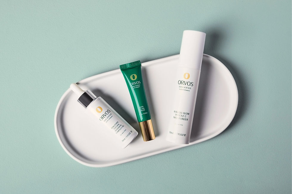 Image of ORVOS products featuring Bakuchiol Oil, Eye Cream, and Kakadu moisturizer on a wh