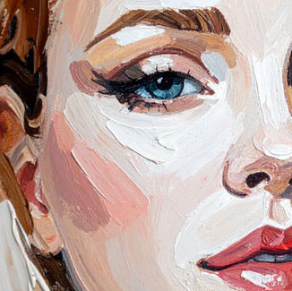 Close-up of a textured oil painting of a woman's face, focusing on her blue eye and lips. The painting uses earthy tones and thick brushstrokes.