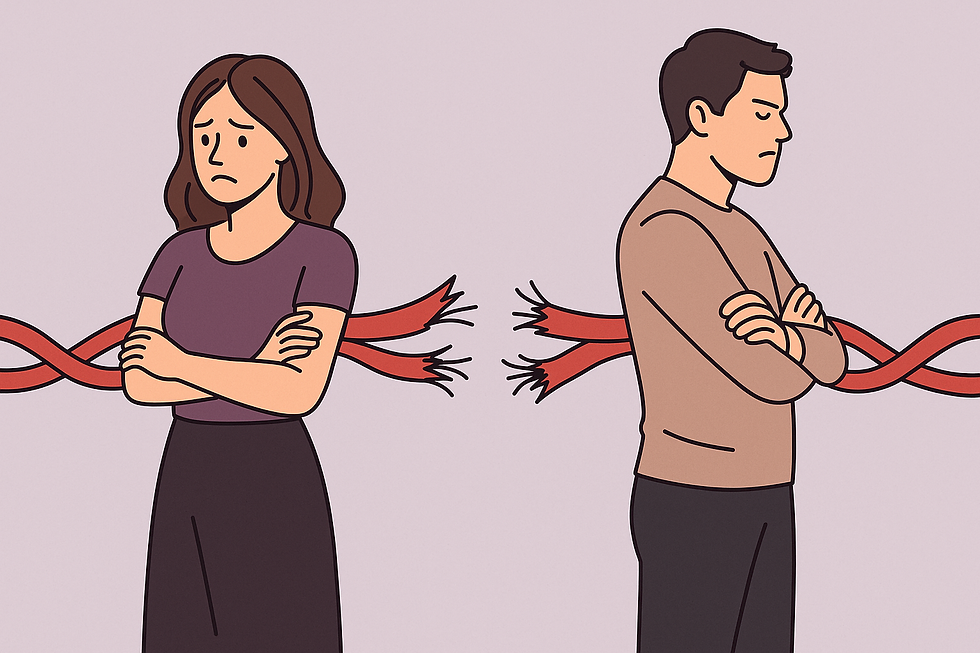 Ilustracija dveh oseb, ki stojita narazen, med njima so pretrgani rdeči trakovi – simbol prekinjenih strupenih vezi in nove svobode.