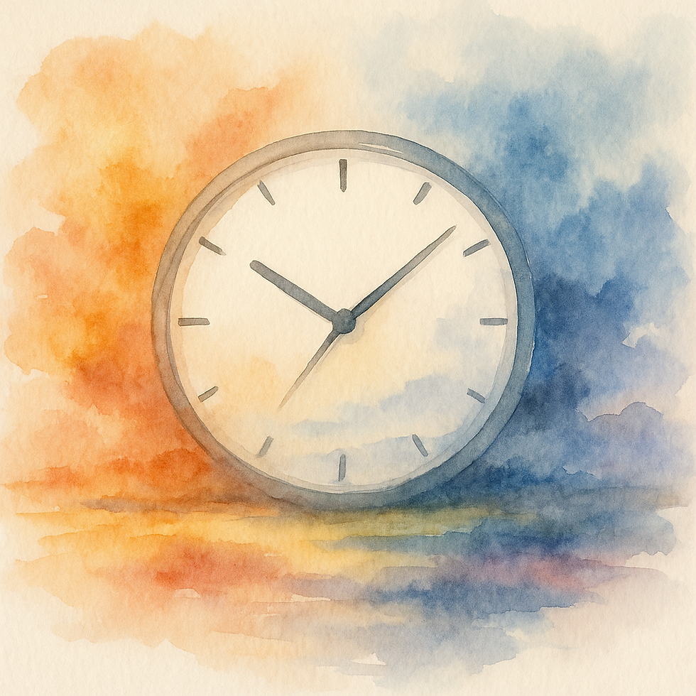 Akvarelna ilustracija ure s toplimi oranžnimi in hladnimi modrimi odtenki, ki simbolizira odnos med časom, spomini in sedanjostjo.