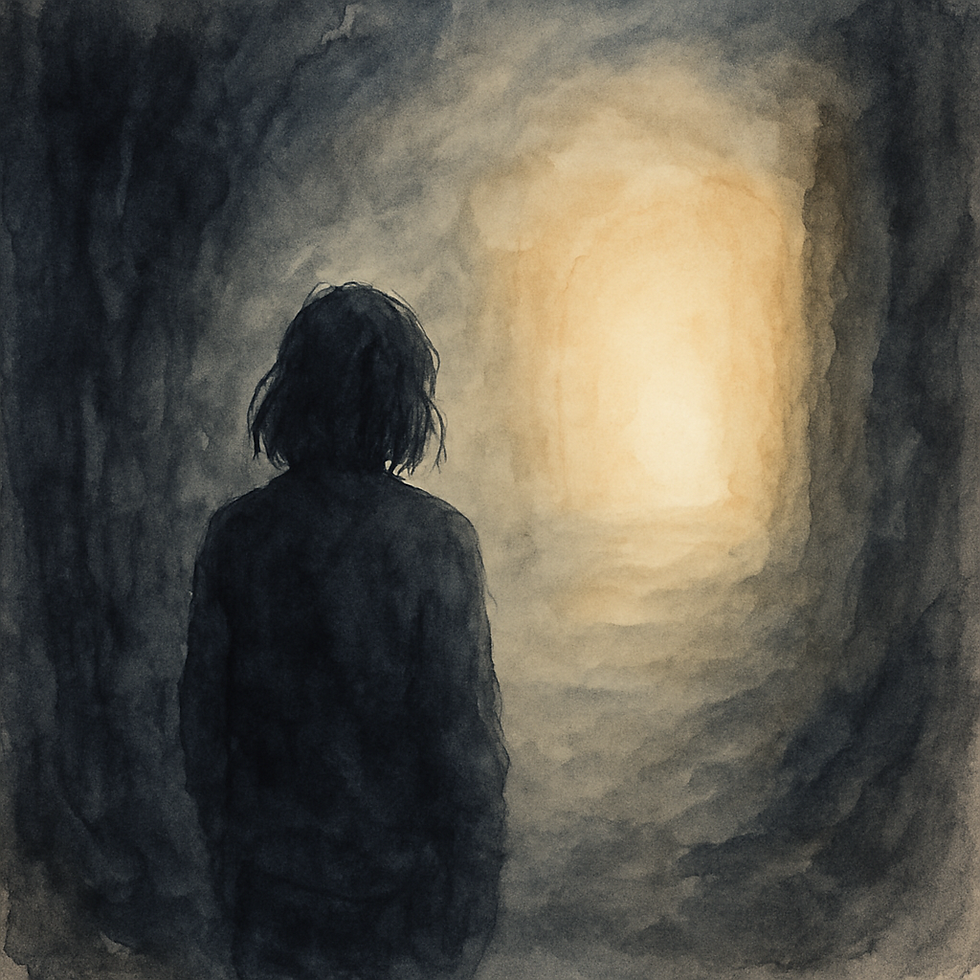 Akvarelna ilustracija osebe, ki sedi v temi, obdana s hladnimi modrimi toni, medtem ko se v daljavi odpira svetloba – simbol depresije in poti k okrevanju