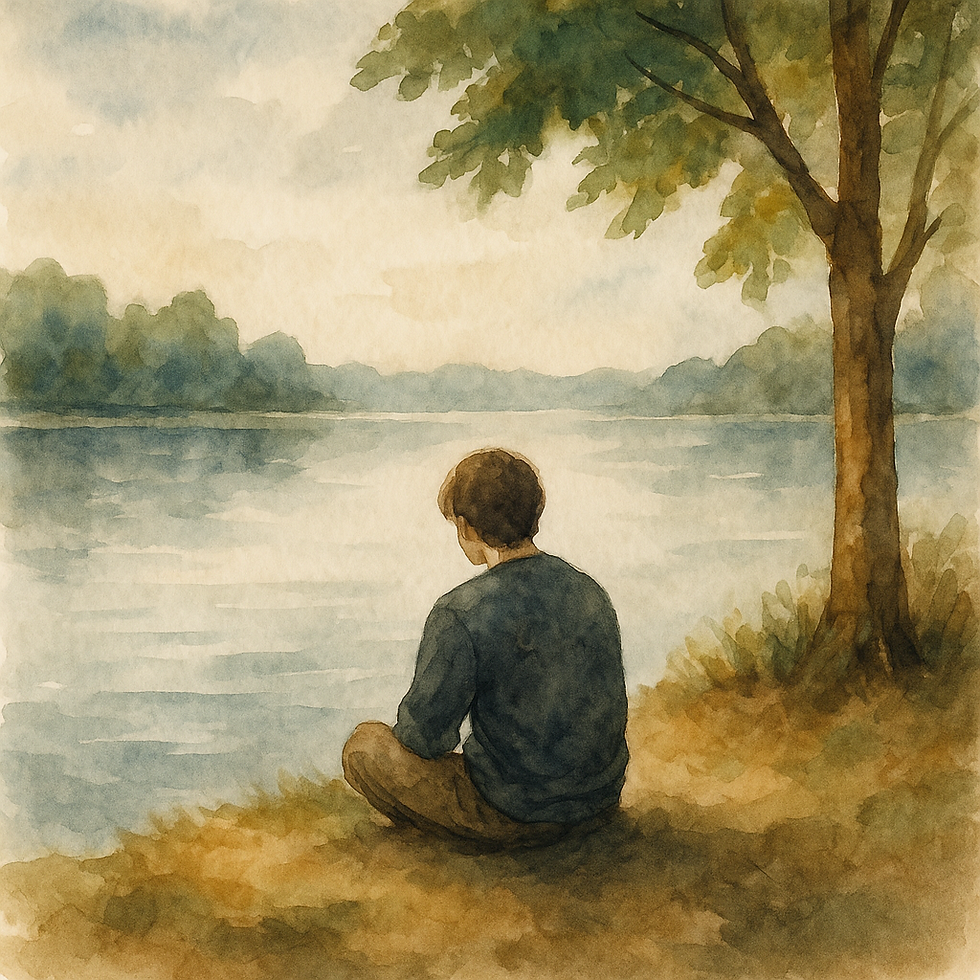 »Akvarelna ilustracija samotne osebe, ki sedi ob mirnem jezeru in razmišlja o življenju – simbol osamljenosti in iskanja notranjega miru.«