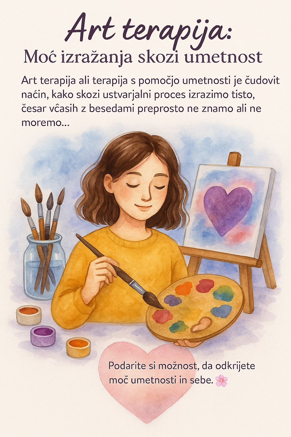 Akvarelna ilustracija osebe, ki se izraža skozi umetnost kot oblika terapije.