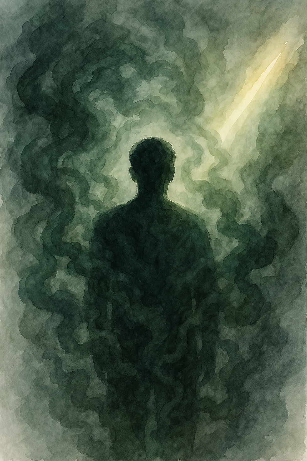 Akvarelna ilustracija figure, obdane z dimom v zeleno-sivih tonih, skozi katerega se prebija svetloba – simbol ujetosti v odvisnost in poti proti svobodi.