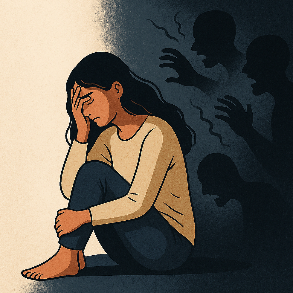 Ilustracija ženske, ki sedi na tleh z roko čez obraz, medtem ko jo iz teme obdajajo senčne figure – simbol čustvene zlorabe in notranje stiske.