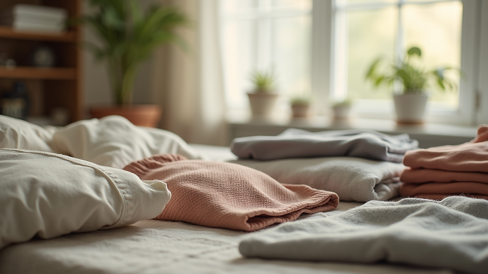 Close-up view of neatly arranged clothing items in neutral tones