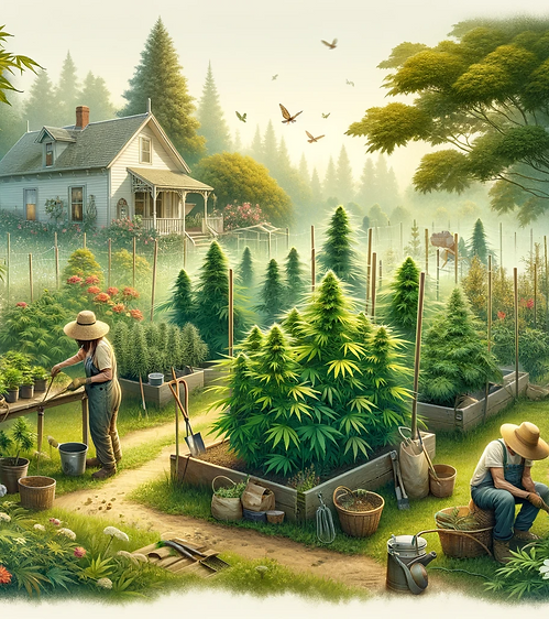 KI generiertes Bild: Frau und Mann arbeiten in einem Garten mit Cannabispflanzen. Im Hintergrund ist ein kleines Haus.