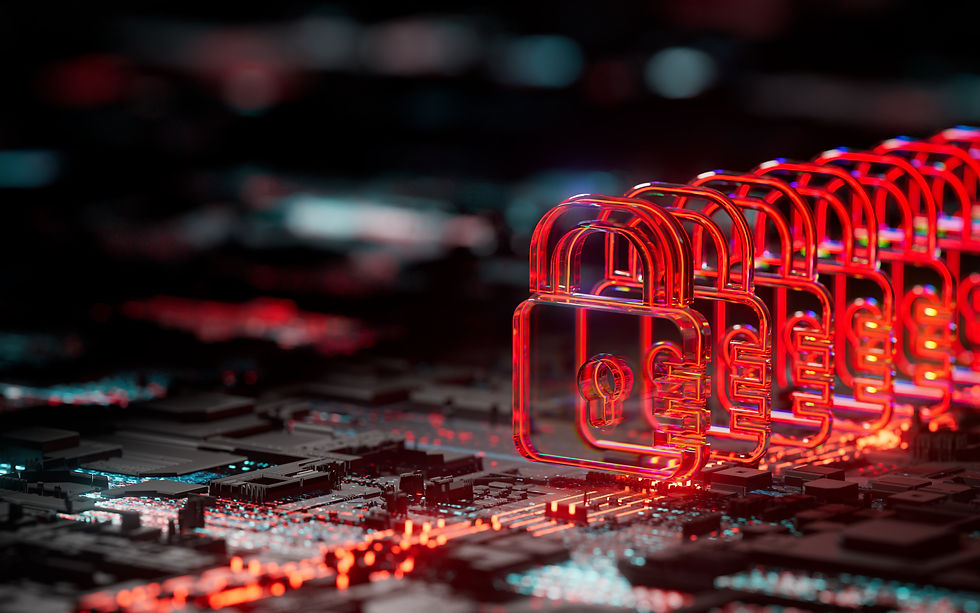 A series of glowing red padlocks on a circuit board