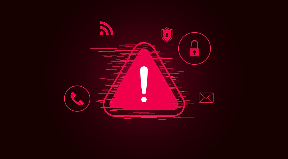 Red exclamation mark inside a glitchy triangle on a dark background, surrounded by icons of a phone, envelope, lock, shield, and Wi-Fi