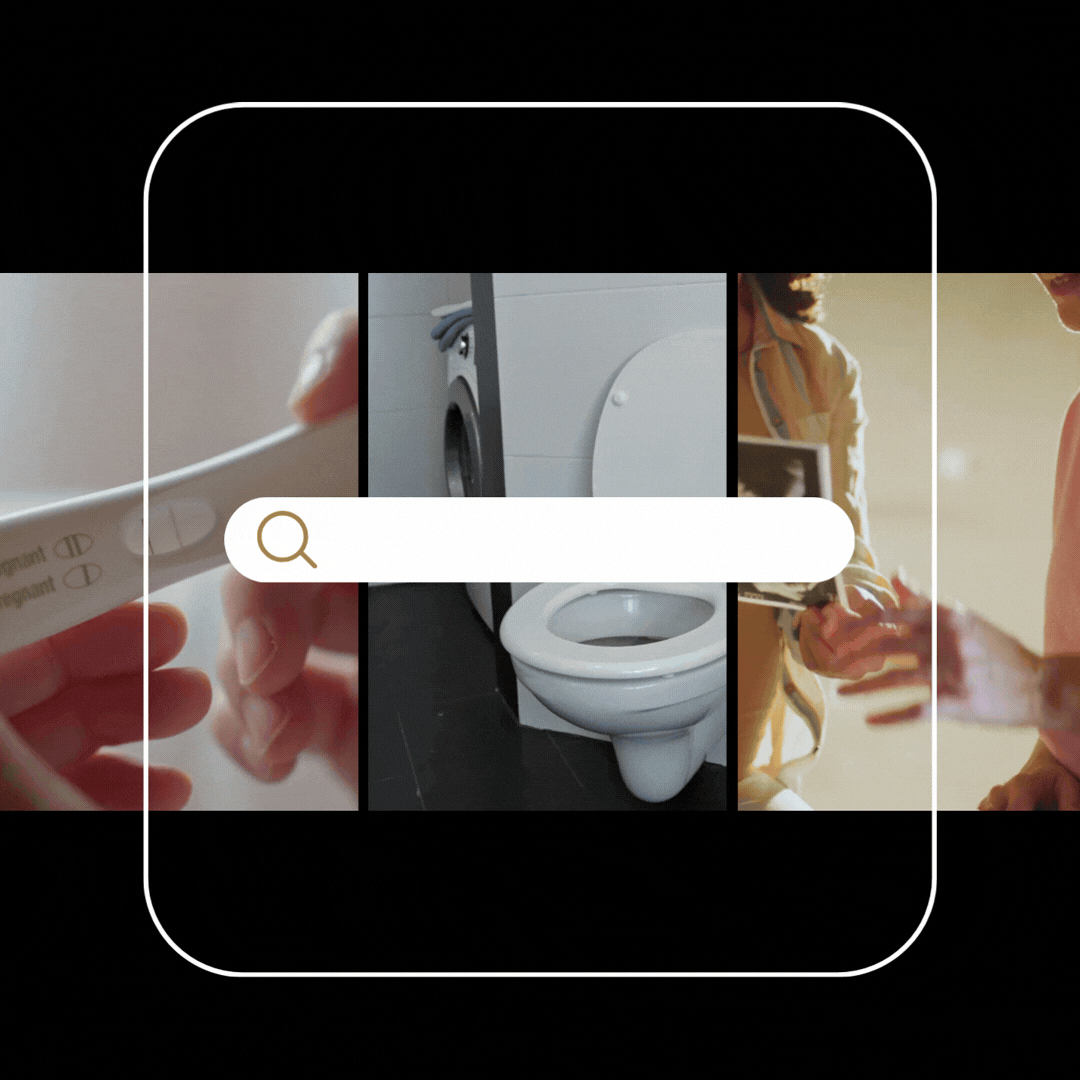 A GIF of various examples of maternity milestones - a pregnancy test being examined, a woman running to the toilet, a younger woman sharing her ultra sound with an older woman and sharing a hug, a roller coaster.