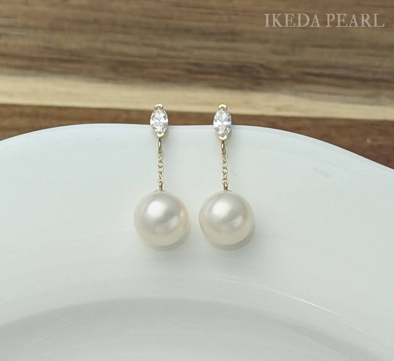 9.5-9.0mm White Japanese Akoya Pearl and Marquise Diamond Dangle Drop Earrings