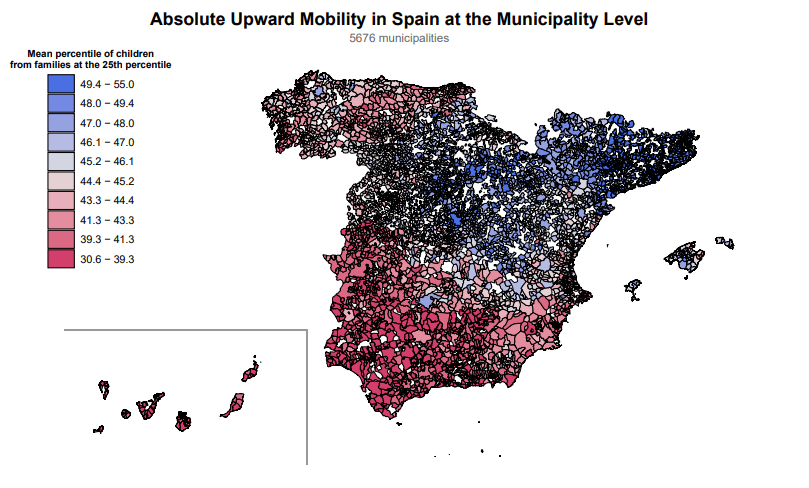 Figure 3. The map shows the average adult income percentile reached by children from families located at the 25th percentile of the parental income distribution. Areas in blue show higher upward mobility, while areas in red show lower mobility. Source: Soria and Medina (2025).