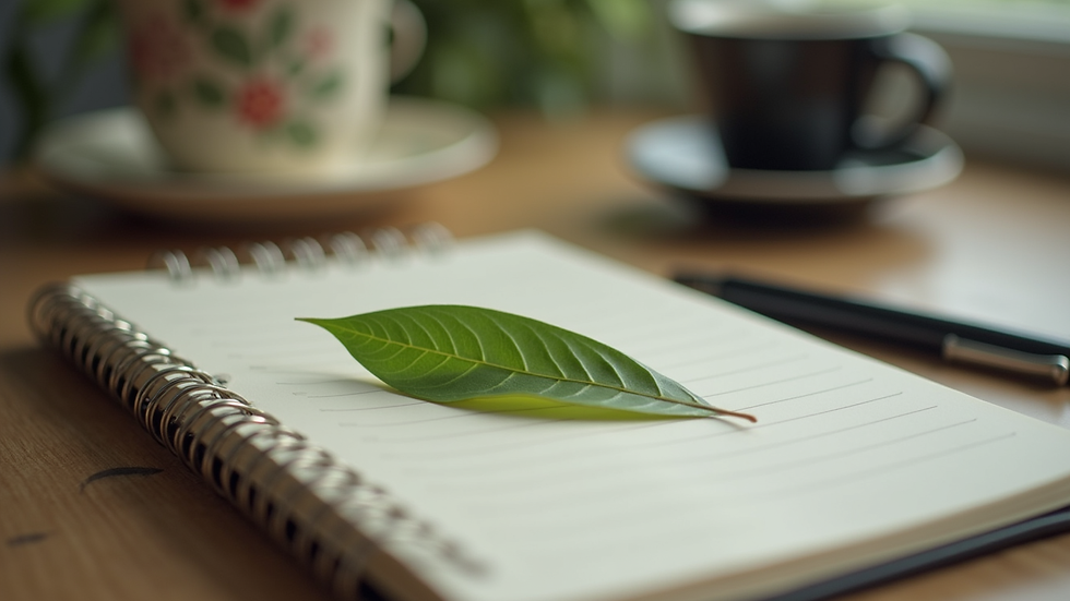 Close-up view of a tea leaf and a notebook with a pen on a desk