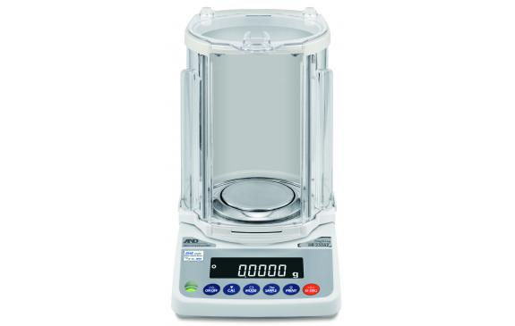 A&D HR-250AZ analytical balance, front view with rotary draft shield and weighing pan