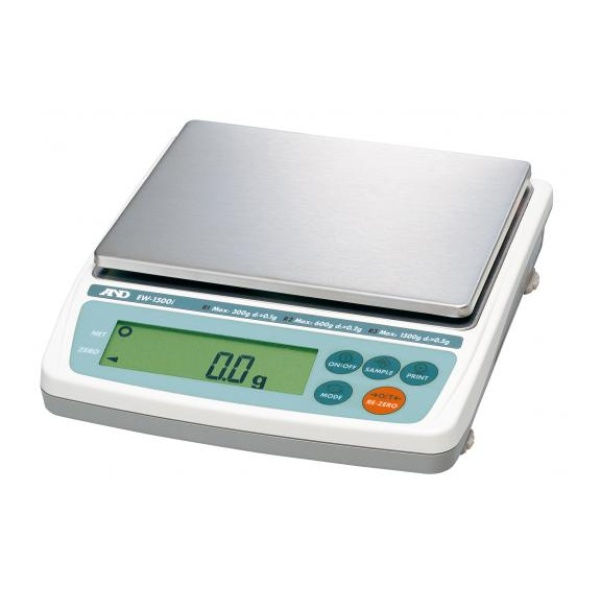 A&D EW-1500i triple-range balance, angled front view
