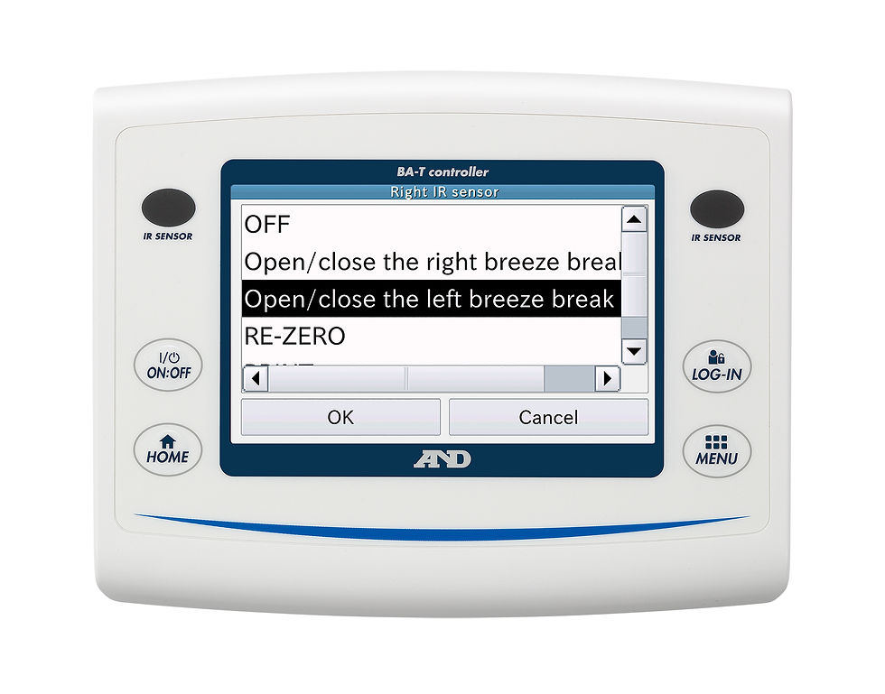 A&D BA-T touchscreen controller detail for BA-125DTE, showing infrared-sensor settings