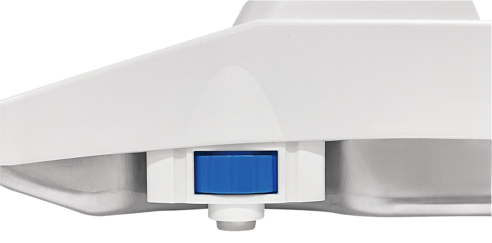 A&D Apollo balance leveling foot with blue adjustment thumbwheel, manufacturer detail view.
