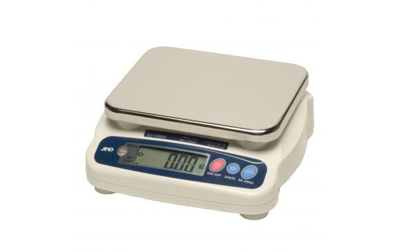 Representative A&D SJ-HS compact bench scale, assembled front view with stainless pan