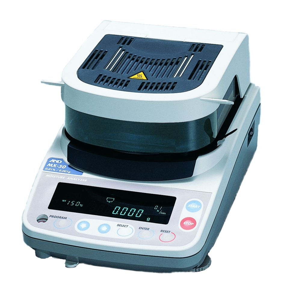 A&D MX-50 moisture analyzer with the heater cover closed, showing its display and controls