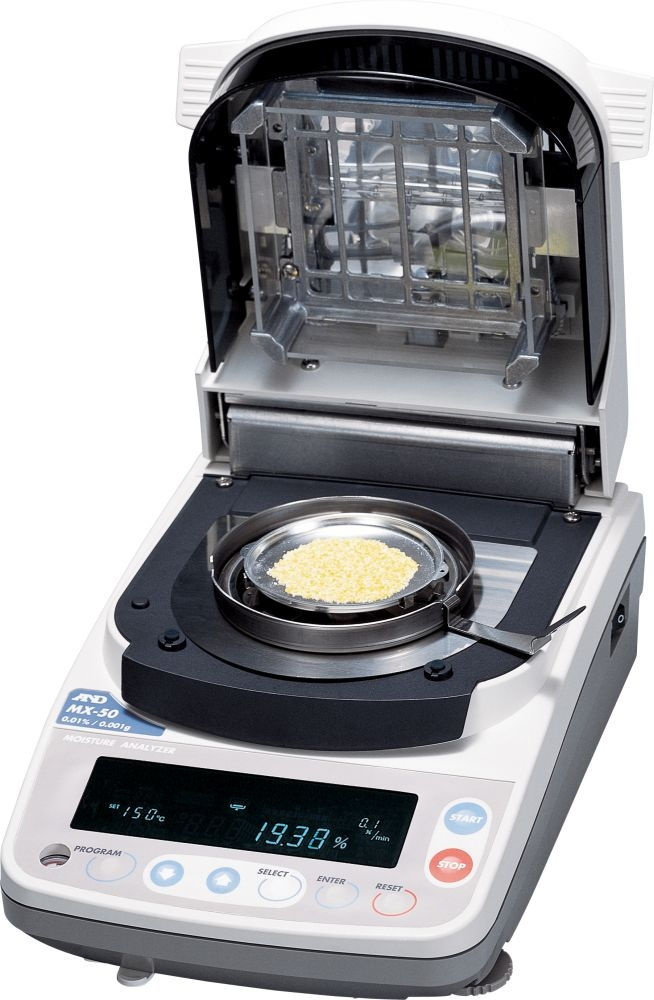 A&D MX-50 with the heater cover open, showing the halogen heater and a sample in the pan