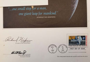Close-up of canceled first-issue stamps commemorating the Apollo 11 Moon landing