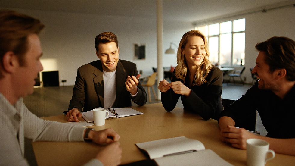Photographic. Three or four colleagues around a table in a bright office in warm late-morning light, leaning in, animated and engaged in the middle of a working conversation, notebooks and coffee, one person mid-sentence with hands moving. Documentary, warm grade, shallow depth of field, genuine energy, no screens dominating the frame.