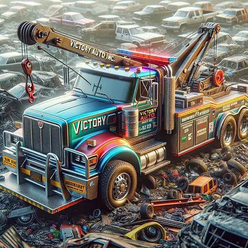 DALL·E 2024-02-08 15.40.20 - Create a detailed close-up image of a tow truck in a junkyard