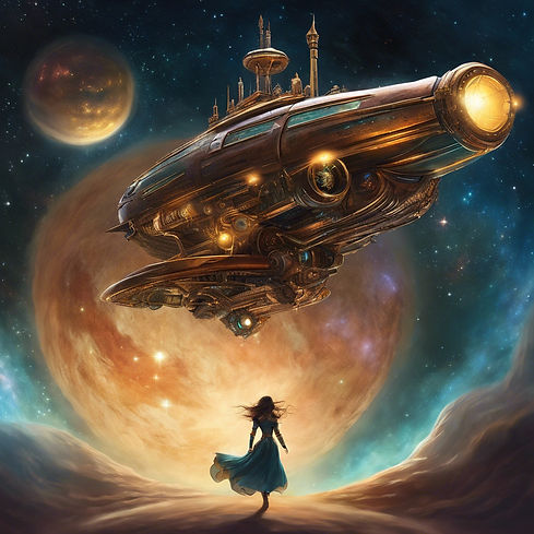 steampunk spaceship flying through space chasing a ethereal lady figure hiding amongst the