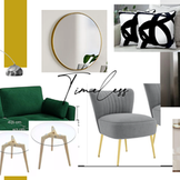 Timeless home decor mood board: green sofa, grey chair, gold accents