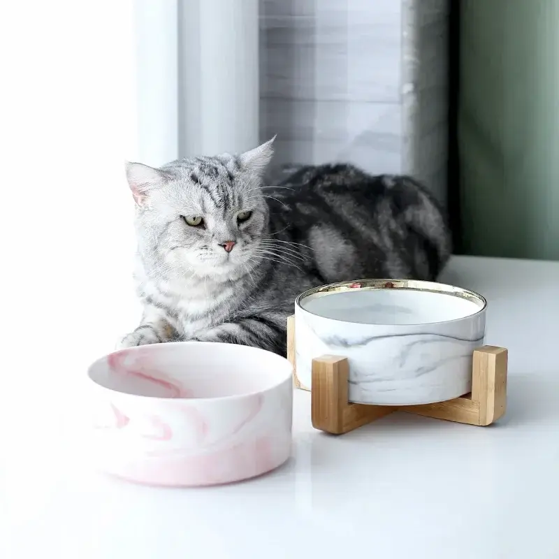 Marbling Cat Ceramics Bowl With Wood Stand Pet Double Bowls for Food Water Small