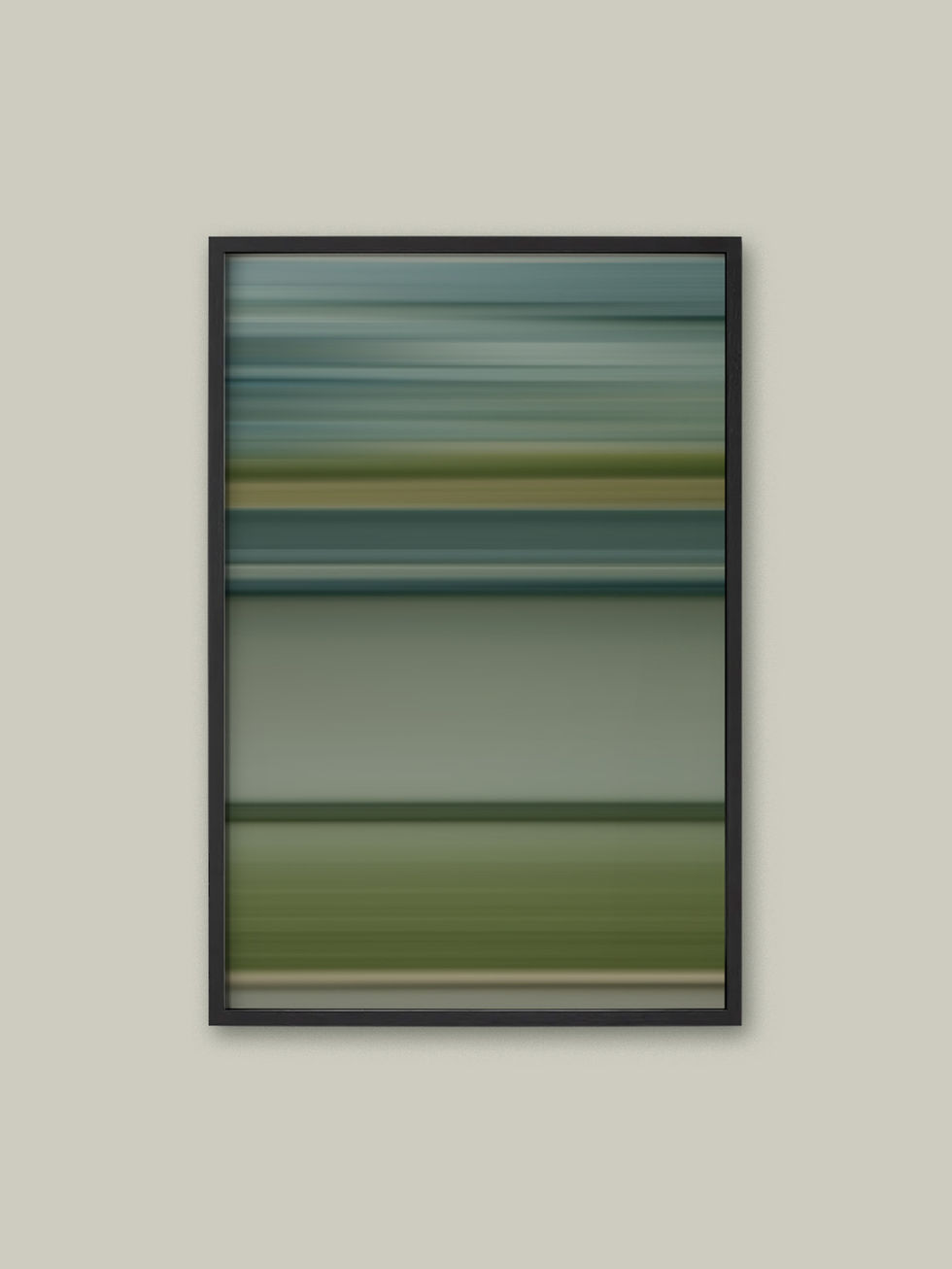 Moya: Hazy Nagoya skyline abstract art with soft moss green and pale jade atmospheric washes.
