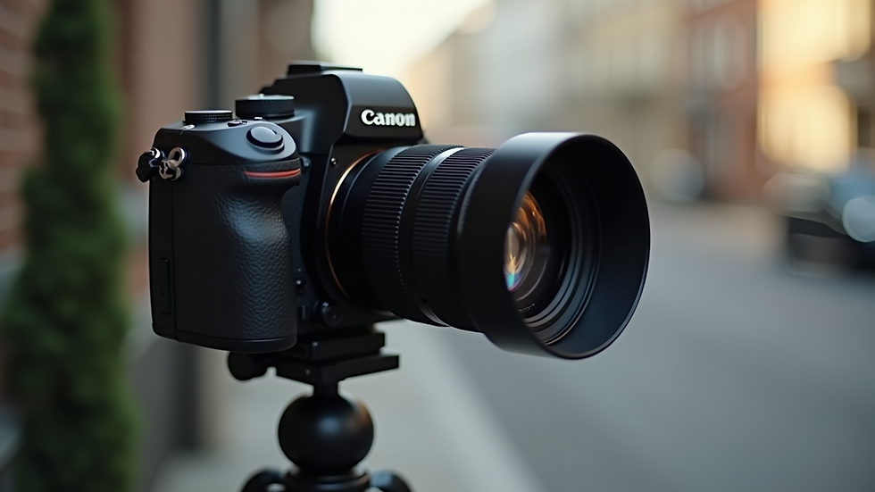 Close-up view of a camera with a macro lens attached on a tripod