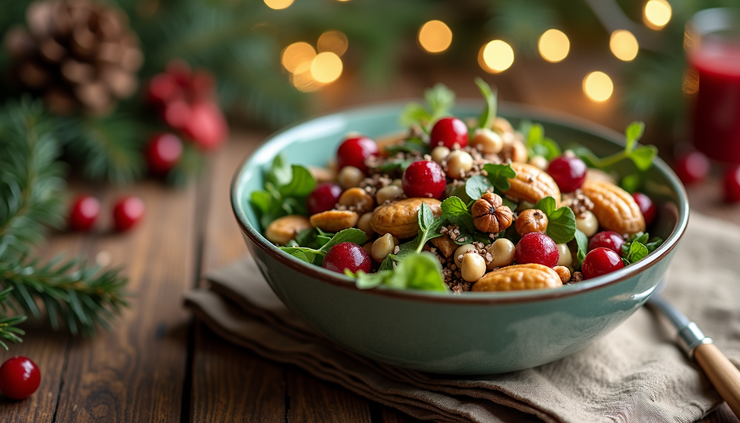 Eye-level view of a colorful bowl of fresh mixed salad with nuts and cranberries