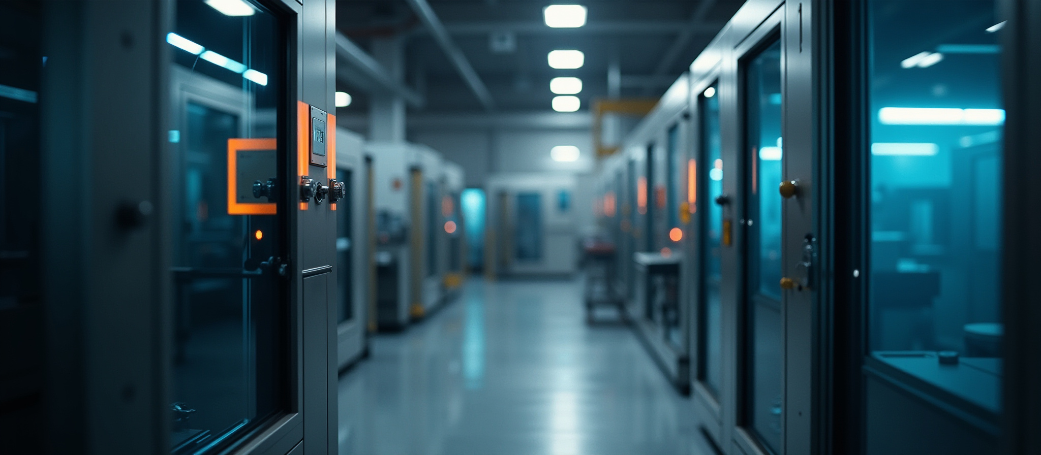 Hallway with machines and lights, an industrial setting, Sunnybay Designs.