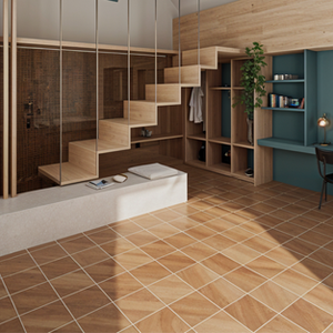 Modern room with wooden floating staircase and desk.