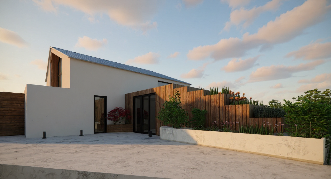 Modern house design with wooden accents and landscaping
