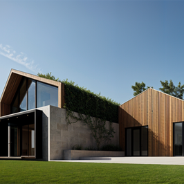 Modern house with wood siding, large windows, and a green roof