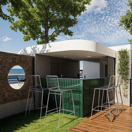 Outdoor bar with green counter, stools, and water view