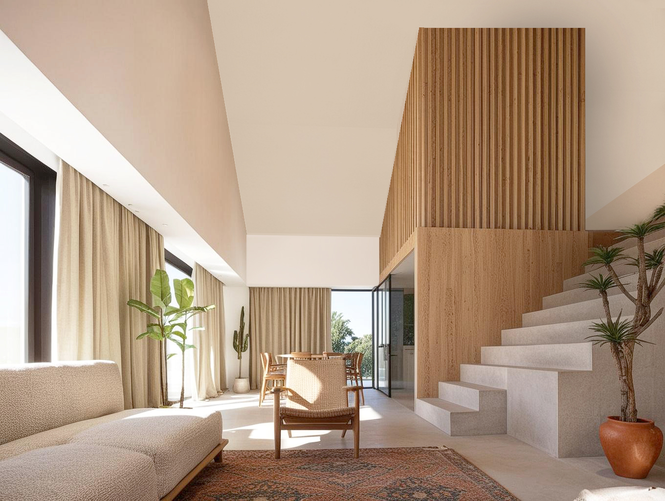 Modern home interior: open-plan living with wooden staircase