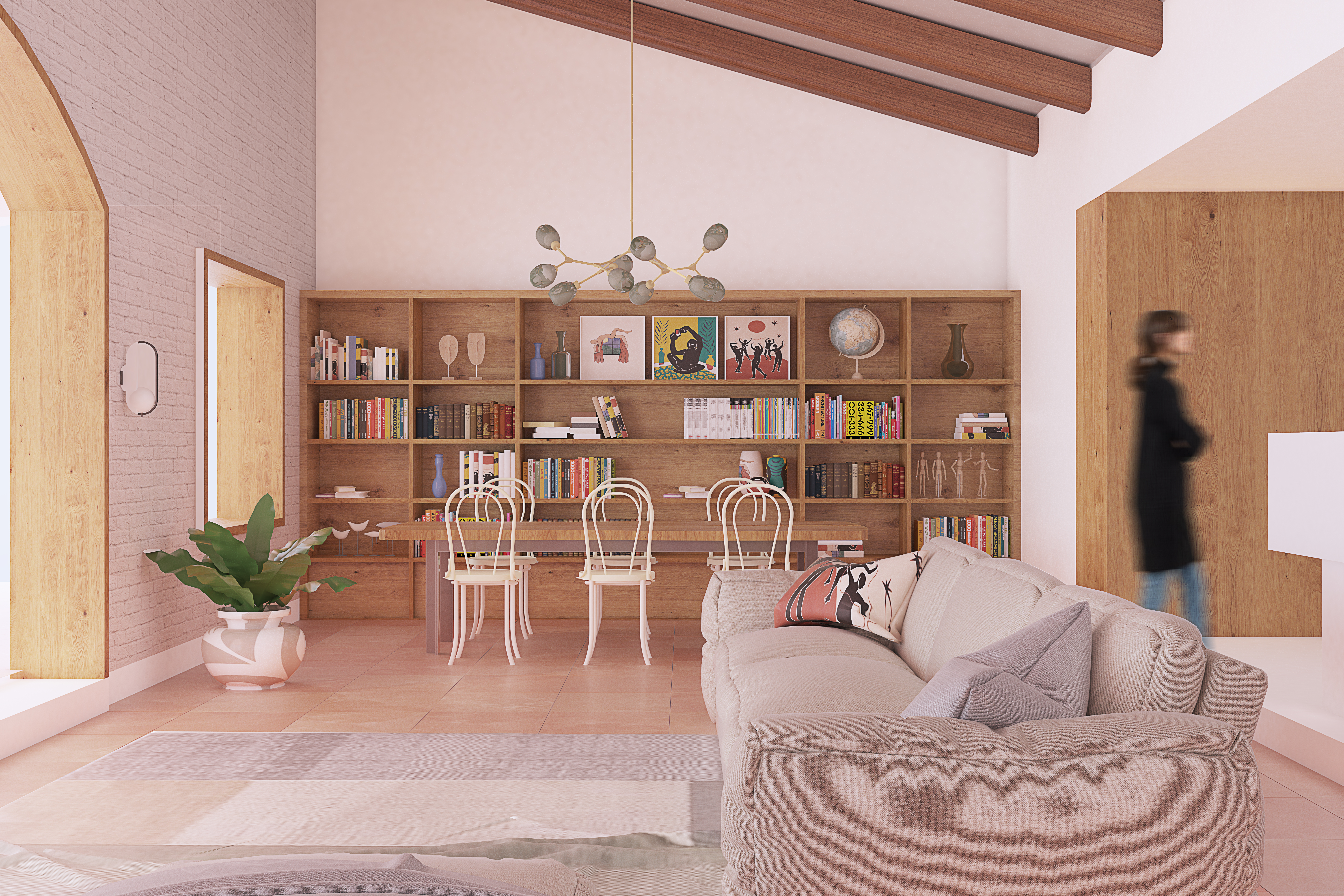 Modern living room with built-in bookcase and dining area