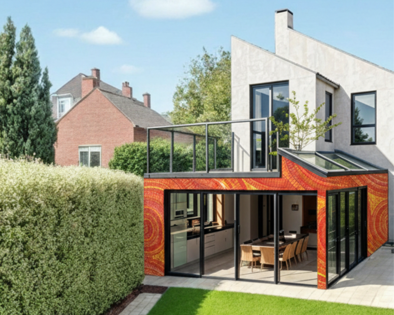 Modern home exterior with mosaic tile design and glass balcony overlooking the backyard.