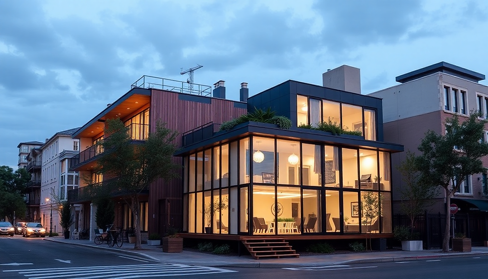Modern building with large windows illuminated at dusk on city street. PHASEZERO DESIGN.