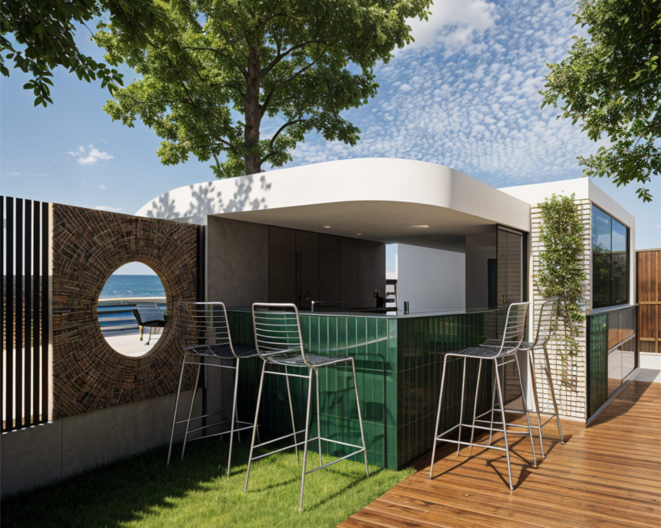 Outdoor bar with green tiles and metal stools against blue sky PHASEZERO DESIGN